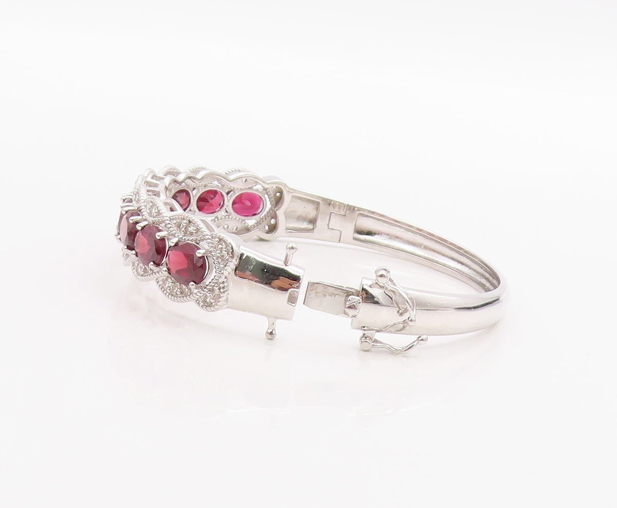 925 Sterling Silver Vintage Bracelet Oval Ruby & CZ Triple Row Bangle  BT11393