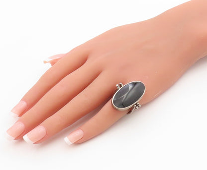 925 Sterling Silver Vintage Ring Oval Mother Of Pearl & Onyx Band  Sz 6  RG36264