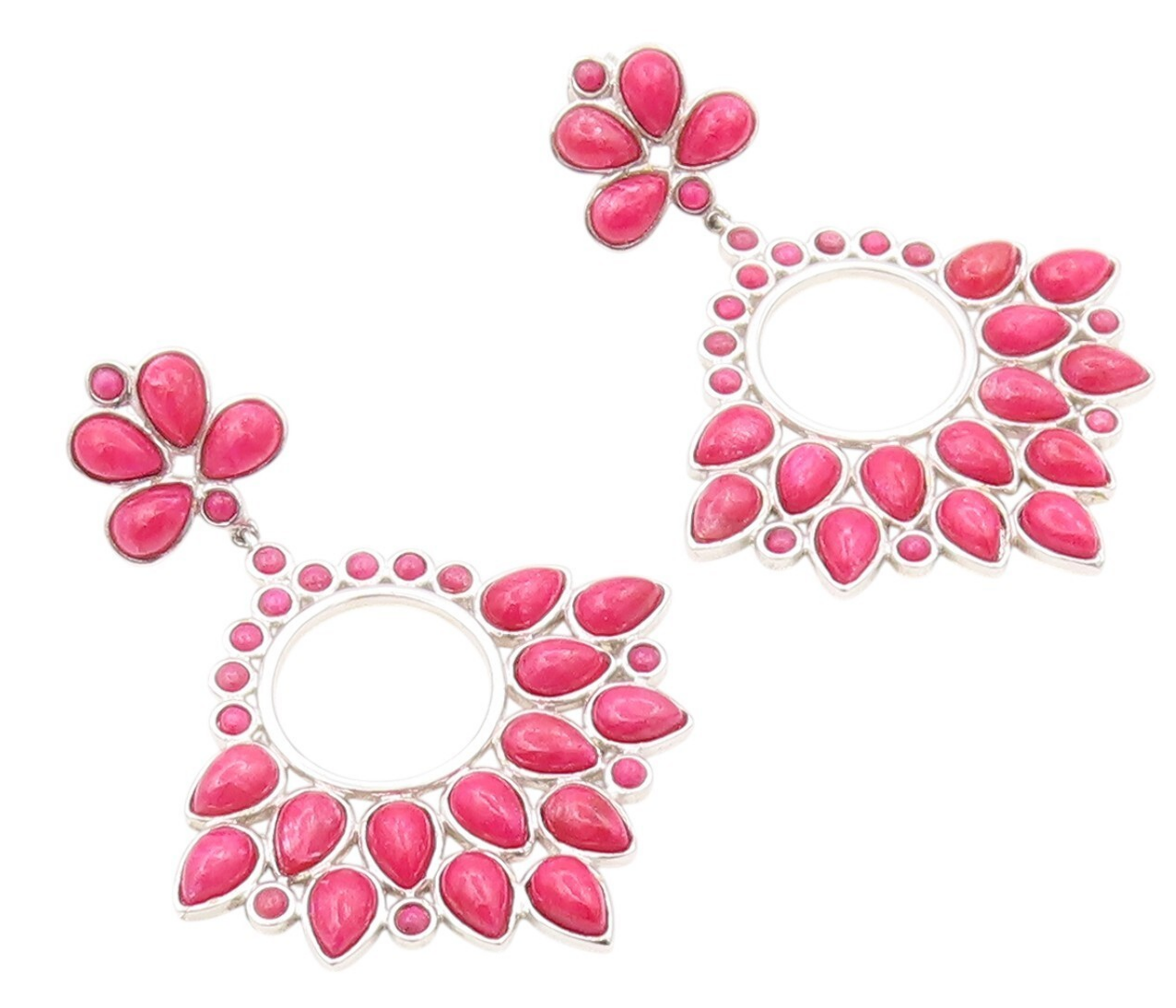 925 Sterling Silver Vintage Earrings Drop Round Cabochon Ruby Chandelier EG13409