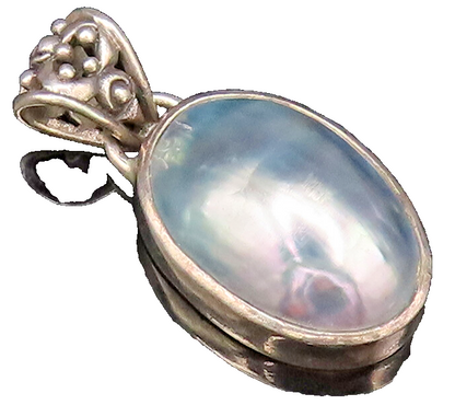 925 Silver  Vintage Cabochon Mother Of Pearl Detailed Bail Pendant  PT21455