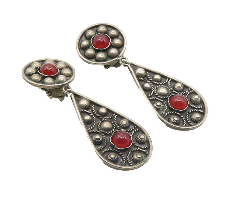 925 Sterling Silver  Vintage Cabochon Cut Carnelian Dangle Earrings  EG5045