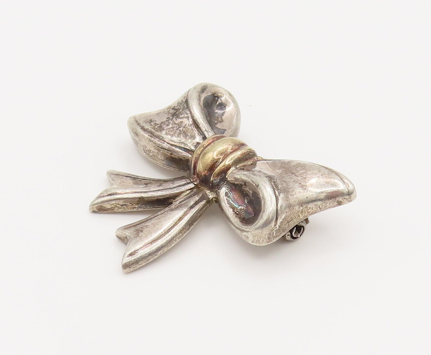 18K GOLD & 925 Silver  Vintage Two Tone Ribbon Bow Tie Brooch Pin  BP10150