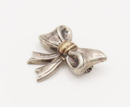 18K GOLD & 925 Silver  Vintage Two Tone Ribbon Bow Tie Brooch Pin  BP10150