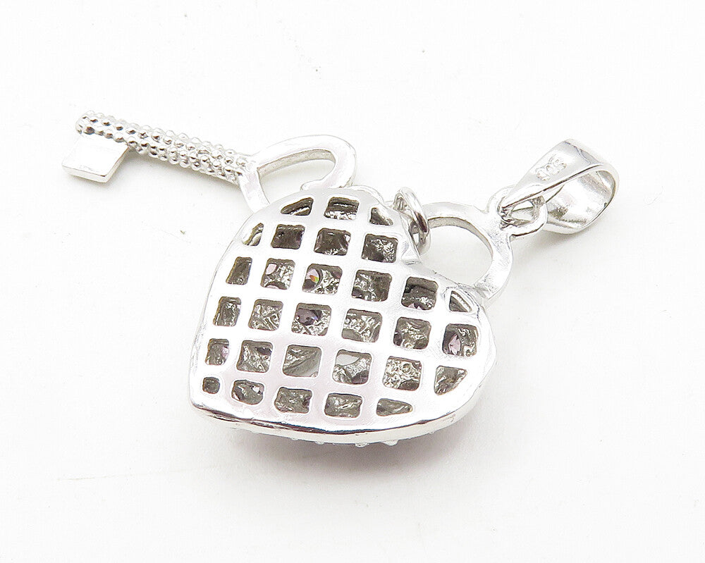 925 Sterling Silver  Pink Cubic Zirconia Love Heart Lock & Key Pendant  PT8086