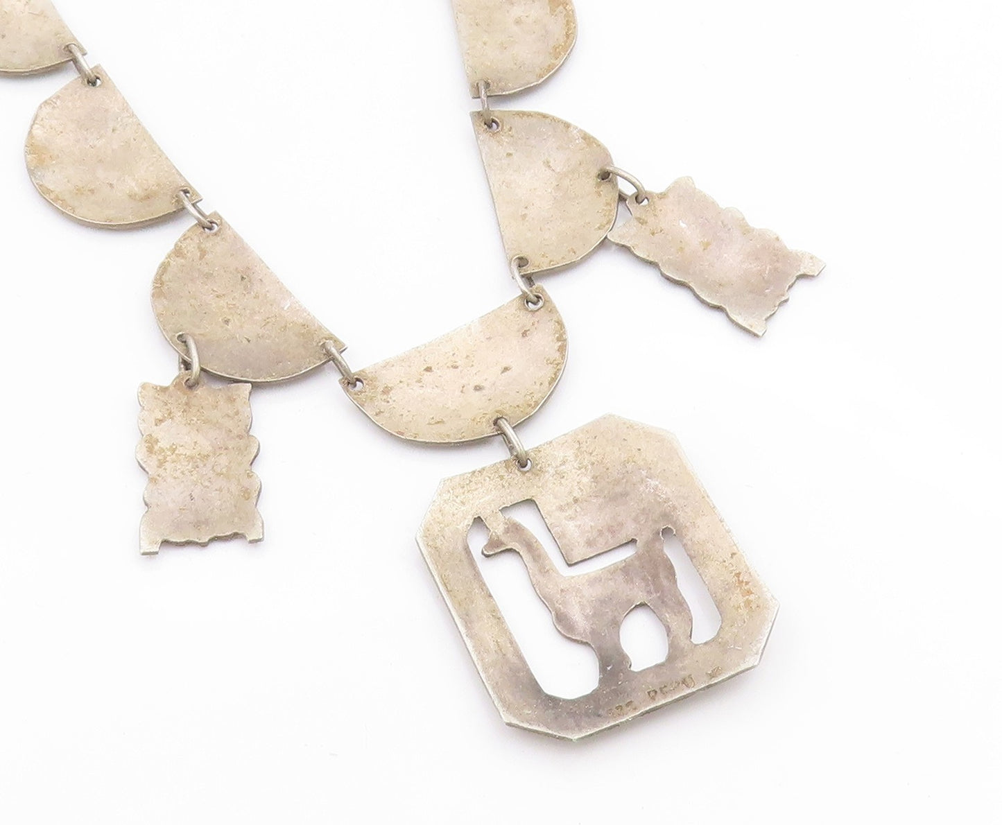 925 Sterling Silver Vintage Necklace PERU Llama & Sun Motif Panel Link  NE4873