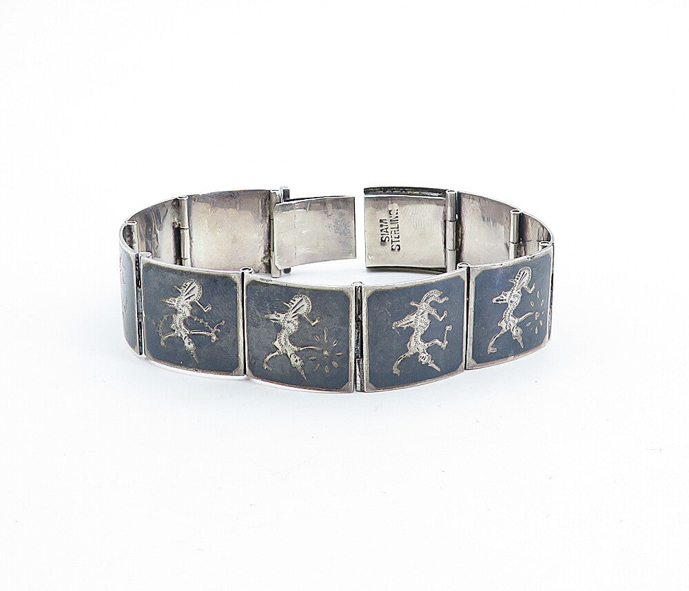 SIAM 925 Sterling Silver Vintage Niello Dancer Square Link Chain Bracelet BT2469