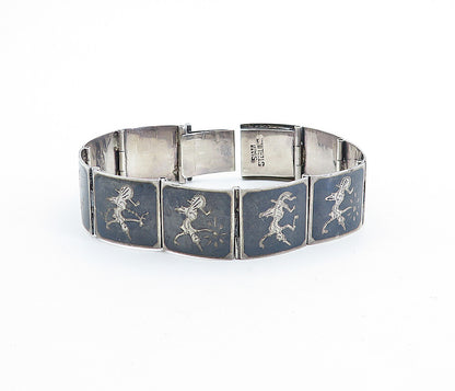 SIAM 925 Sterling Silver Vintage Niello Dancer Square Link Chain Bracelet BT2469