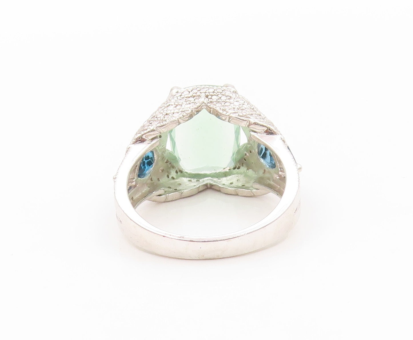 925 Sterling Silver Vintage Ring Large Green Topaz & Blue Sapphire RG31934