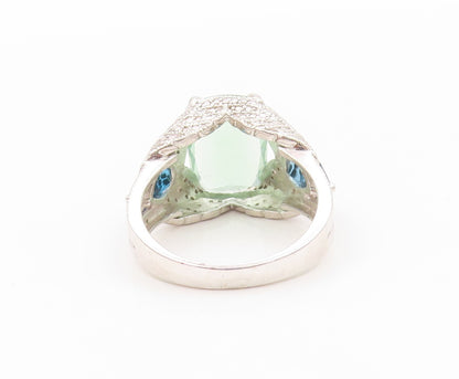 925 Sterling Silver Vintage Ring Large Green Topaz & Blue Sapphire RG31934