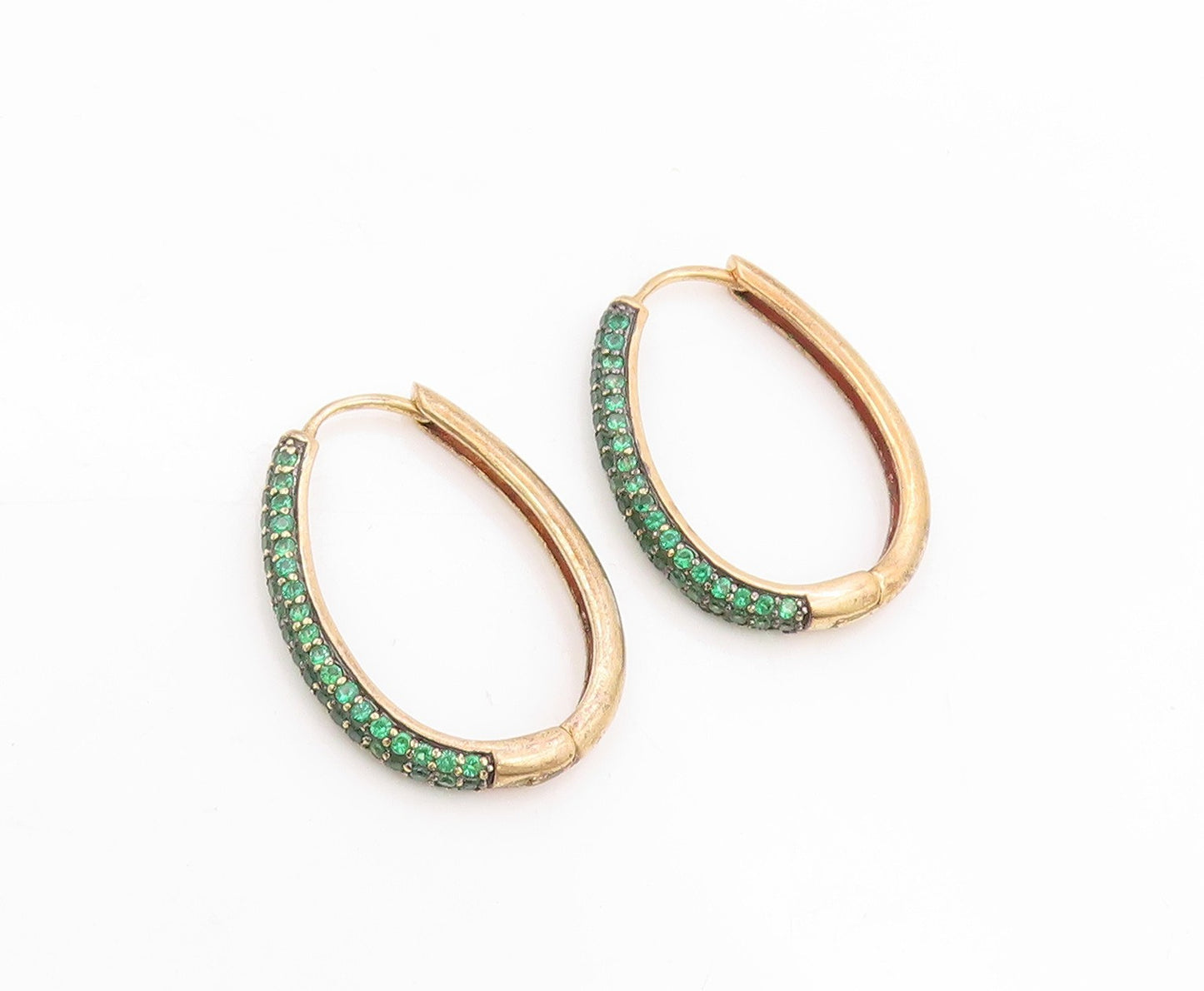 925 Sterling Silver Vintage Earrings Gold Plated Green CZ Modernist Hoop EG14044