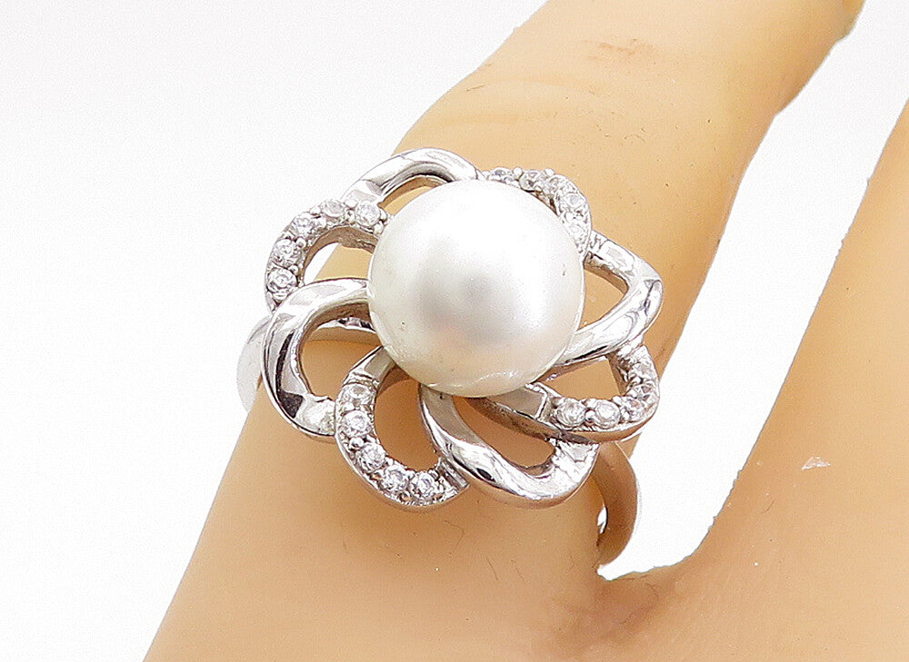 925 Sterling Silver  Vintage Pearl & Topaz Floral Cocktail Ring Sz 7  RG5187