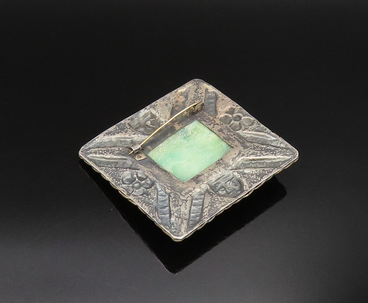 925 Silver  Vintage Antique Carved Malachite Theater Mask Brooch Pin  BP9777