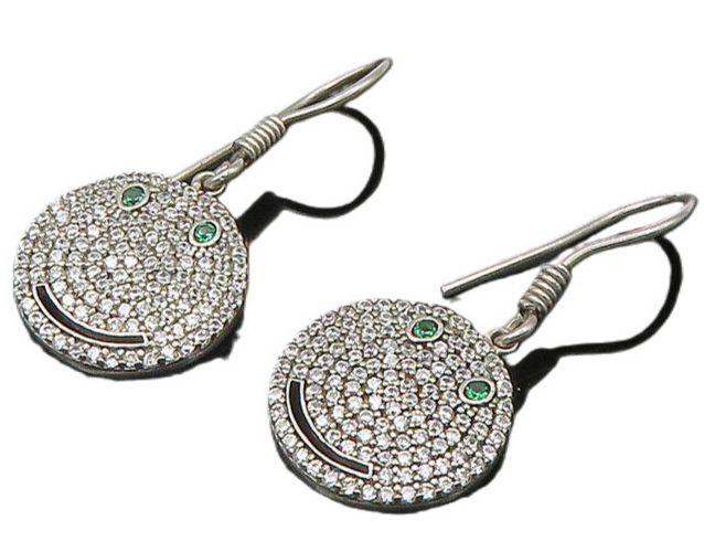 925 Sterling Silver  Vintage Shiny Topaz Smiley Face Dangle Earrings  EG10894