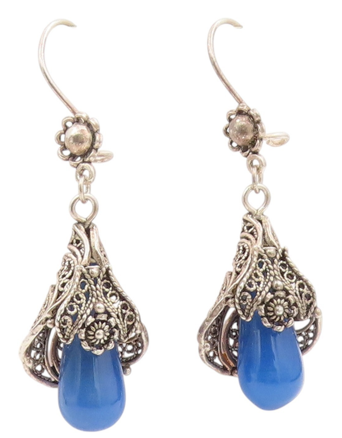 925 Sterling Silver Vintage Earrings Blue Beaded Bohemian Floral Dangle  EG13909