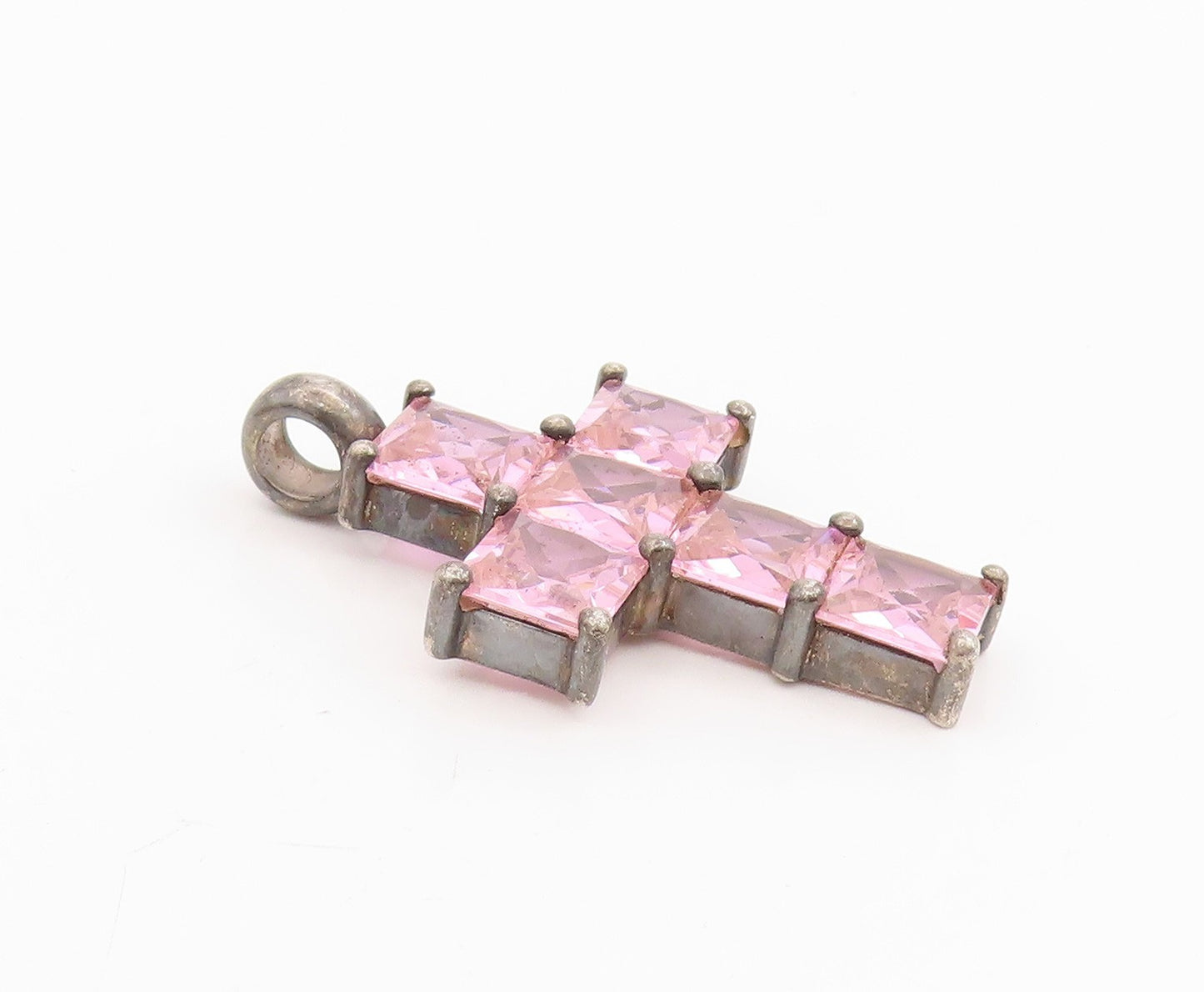 925 Sterling Silver Vintage Pendant Pink Topaz Religious Cross Charm  PT25688