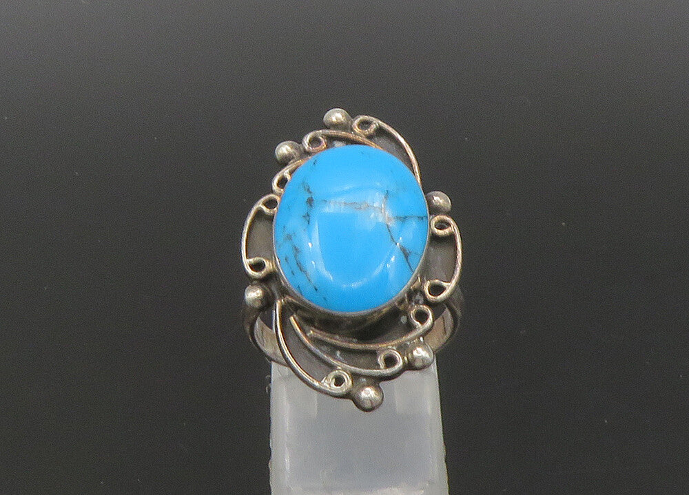 MEXICO 925 Silver  Vintage Cabochon Turquoise Swirl Band Ring Sz 7  RG22832