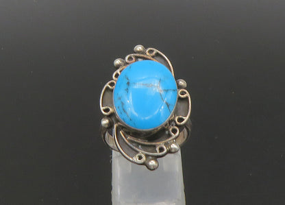 MEXICO 925 Silver  Vintage Cabochon Turquoise Swirl Band Ring Sz 7  RG22832