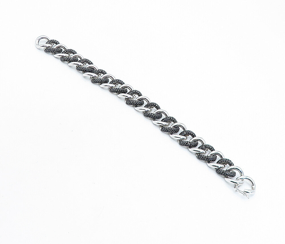 925 Sterling Silver  Black Hematite Shiny Curb Link Chain Bracelet  BT2609
