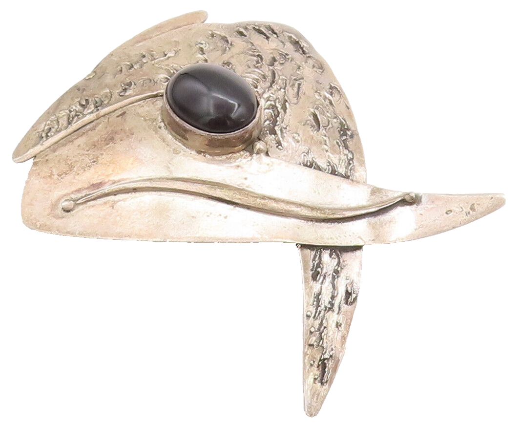 925 Sterling Silver Vintage Brooch Pin Designer Scratched Cabochon Onyx  BP10719