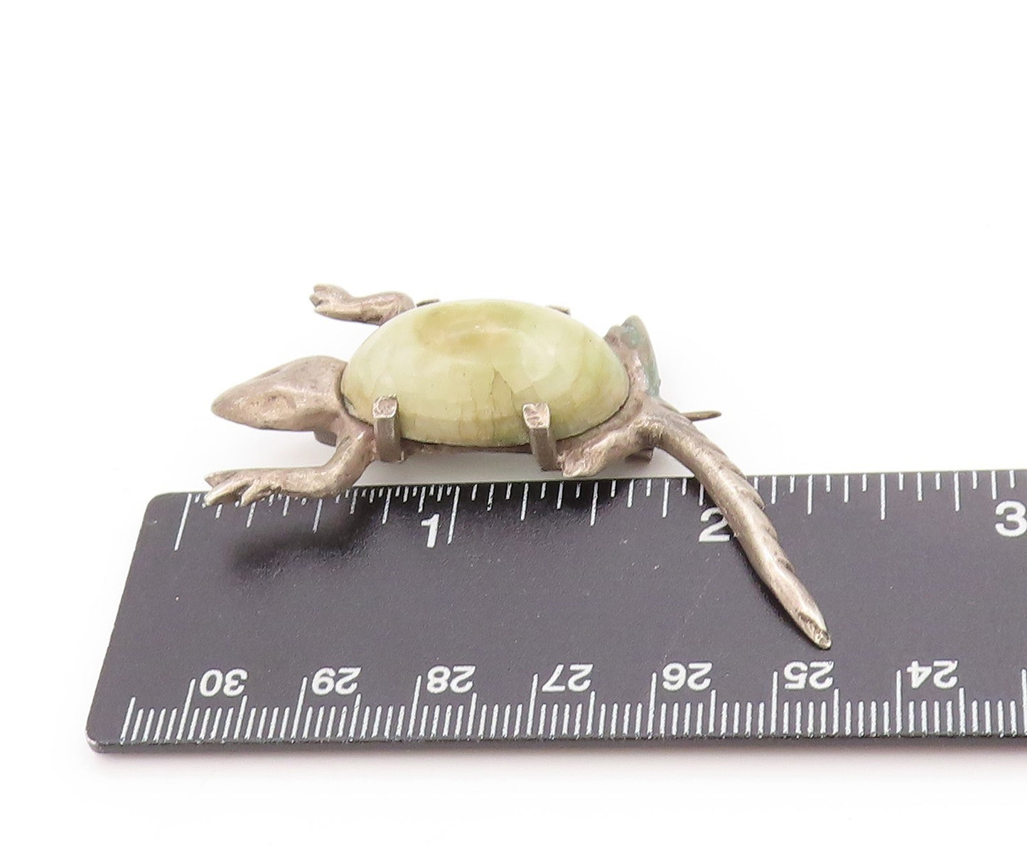 925 Sterling Silver Vintage Brooch MEXICO Cabochon Jade Lizard Reptile  BP11916