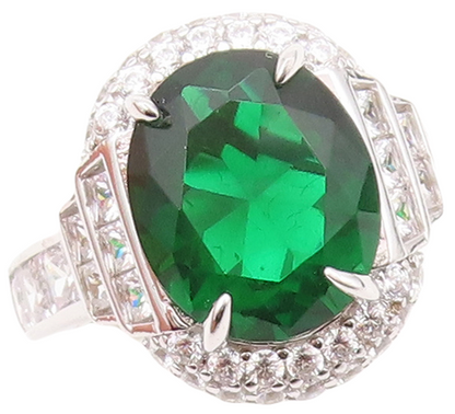 925 Sterling Silver Vintage Ring Oval Cut Green Halo White CZ  Sz 7 RG30514