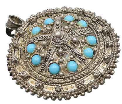 ISRAEL 925 Silver  Vintage Antique Turquoise Ornate Floral Brooch Pin  BP7401