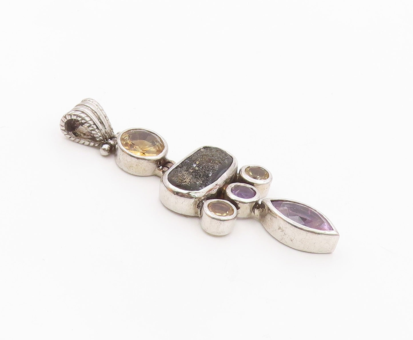 925 Sterling Silver  Vintage Amethyst Citrine & Druzy Hinge Pendant  PT17992