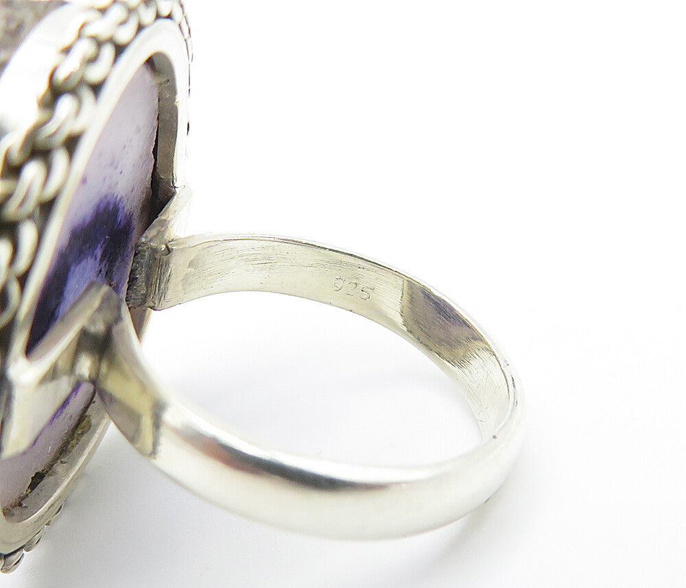 925 Sterling Silver  Vintage Agate Chain Link Border Cocktail Ring Sz 6 RG8126