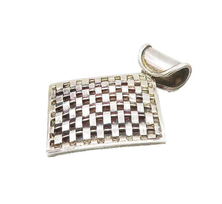 925 Sterling Silver  Vintage Shiny Woven Design Square Drop Pendant  PT13759