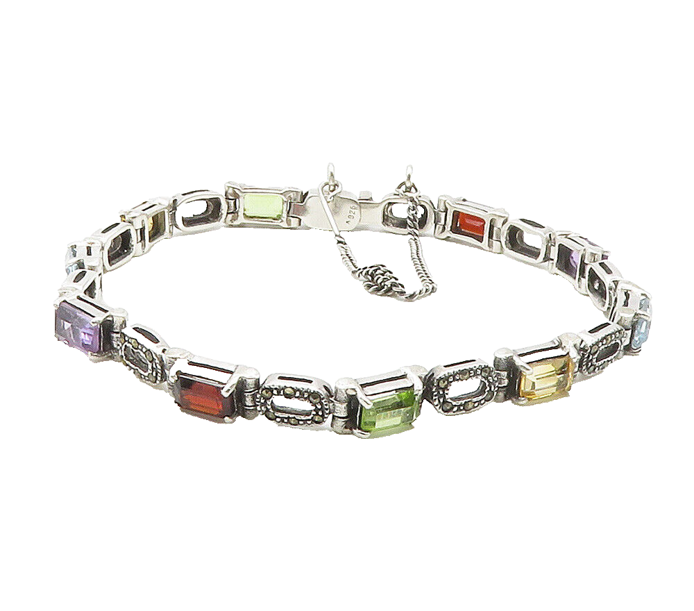 925 Sterling Silver Peridot Topaz & Multi Stone Shiny Chain Bracelet BT6074