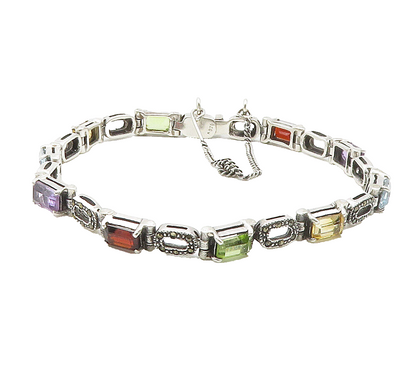 925 Sterling Silver Peridot Topaz & Multi Stone Shiny Chain Bracelet BT6074