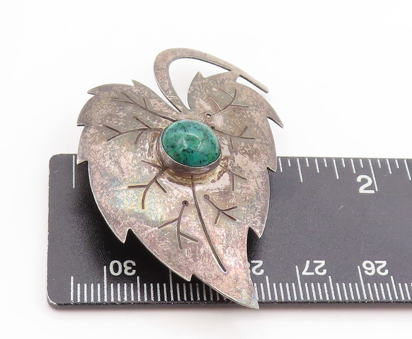 925 Sterling Silver Vintage Brooch ISRAEL Turquoise Etched Grape Leaf  BP11859