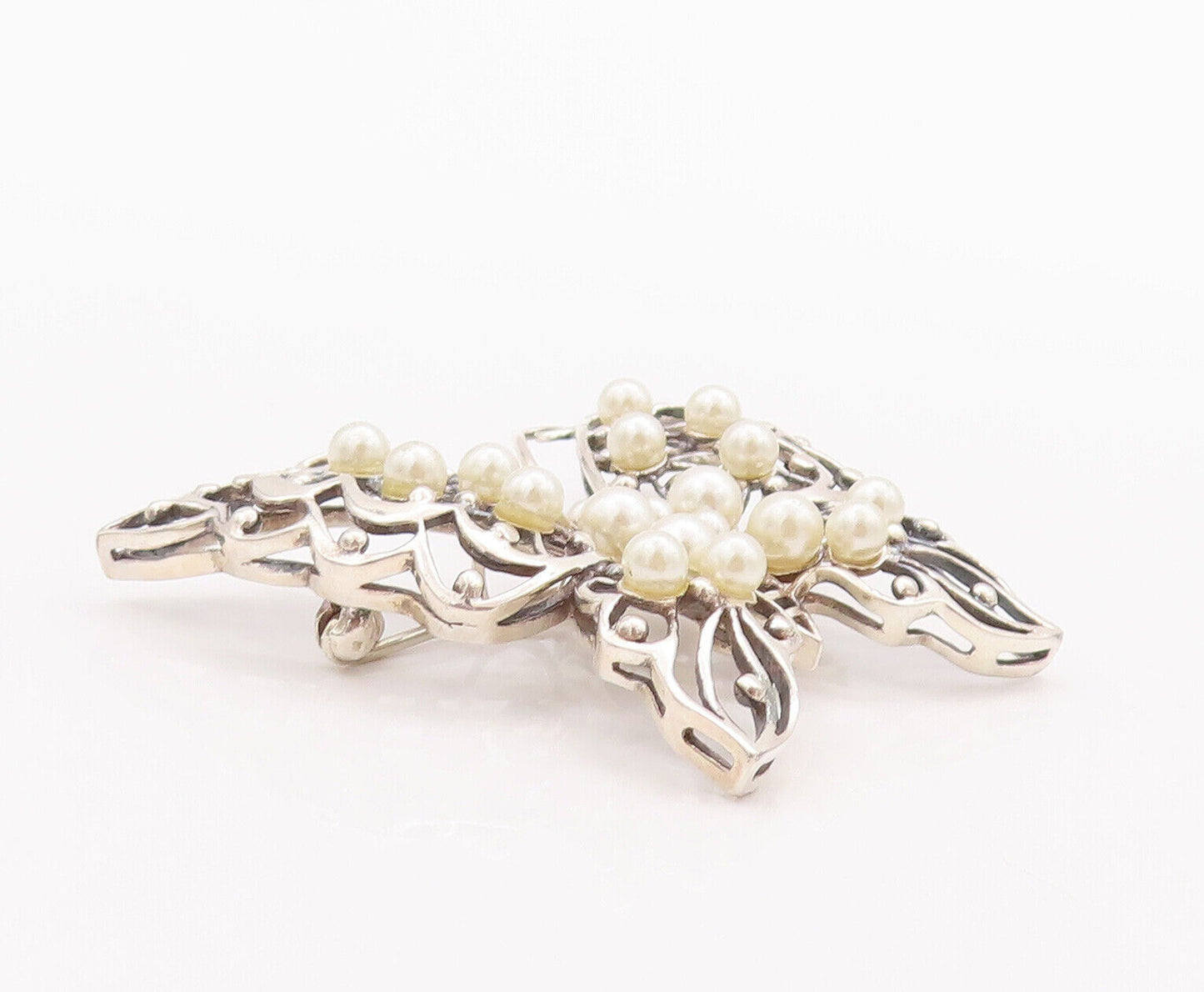 925 Sterling Silver Vintage Brooch Pin Swirly Cut Beaded Pearl Butterfly BP10820