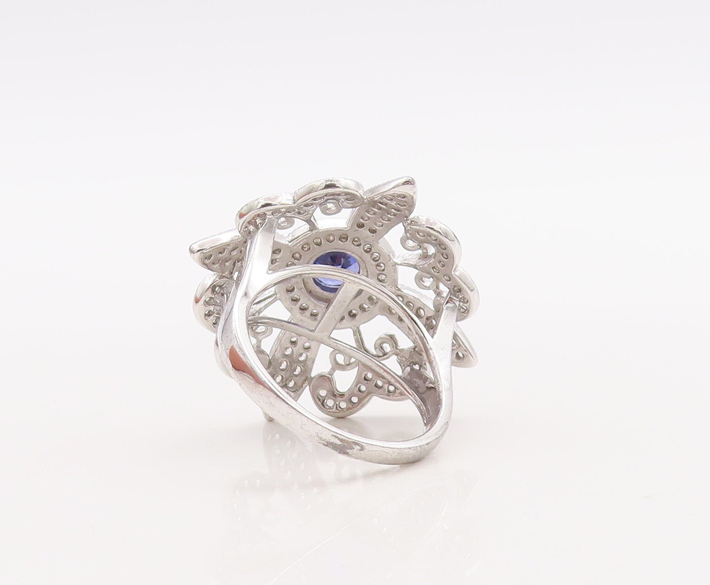 925 Sterling Silver Vintage Ring CZ & Sapphire Cutout Flower  Sz 7  RG29843