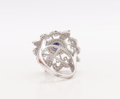 925 Sterling Silver Vintage Ring CZ & Sapphire Cutout Flower  Sz 7  RG29843
