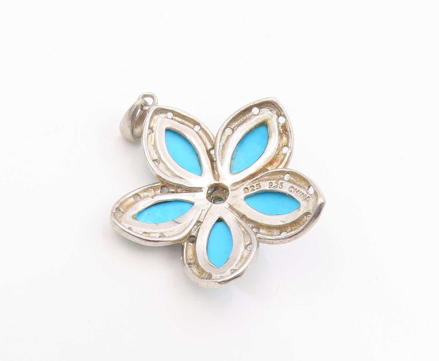 925 Sterling Silver Vintage Pendant Turquoise & Blue Topaz Floral Petal  PT26109