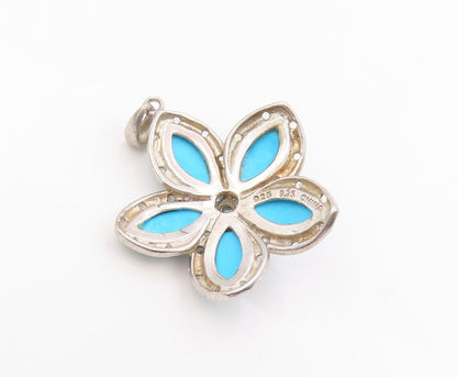 925 Sterling Silver Vintage Pendant Turquoise & Blue Topaz Floral Petal  PT26109