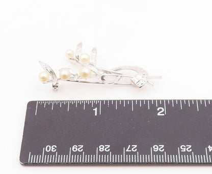 925 Sterling Silver  Vintage Cultured Pearls Leaf Stem Brooch Pin  BP9364