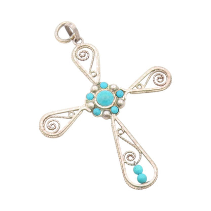 925 Sterling Silver Vintage Pendant Designer Wirework Turquoise Cross  PT24097