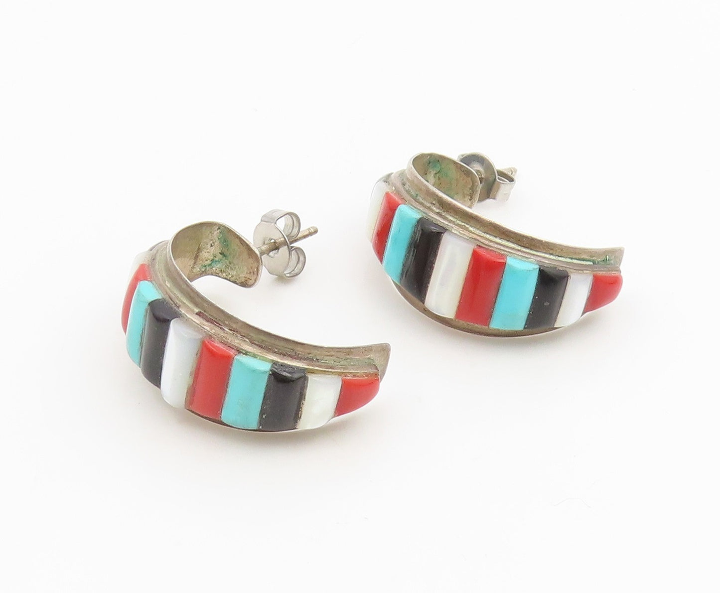 925 Sterling Silver Vintage Earrings NAVAJO ZUNI Multi Gemstone Hoops  EG13896