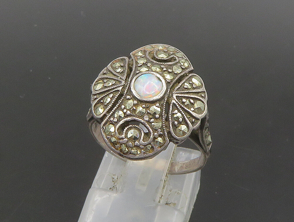 DELCITA 925 Silver  Vintage Victorian Fire Opal Floral Band Ring Sz 6  RG23876