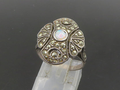 DELCITA 925 Silver  Vintage Victorian Fire Opal Floral Band Ring Sz 6  RG23876