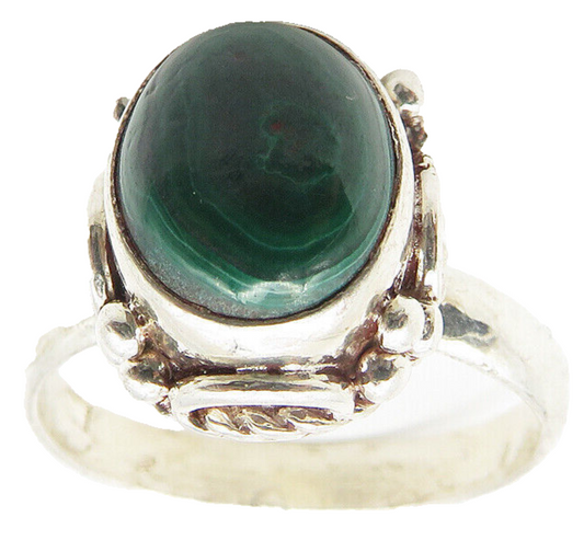925 Sterling Silver  Vintage Cabochon Cut Malachite Band Ring Sz 7  RG11453