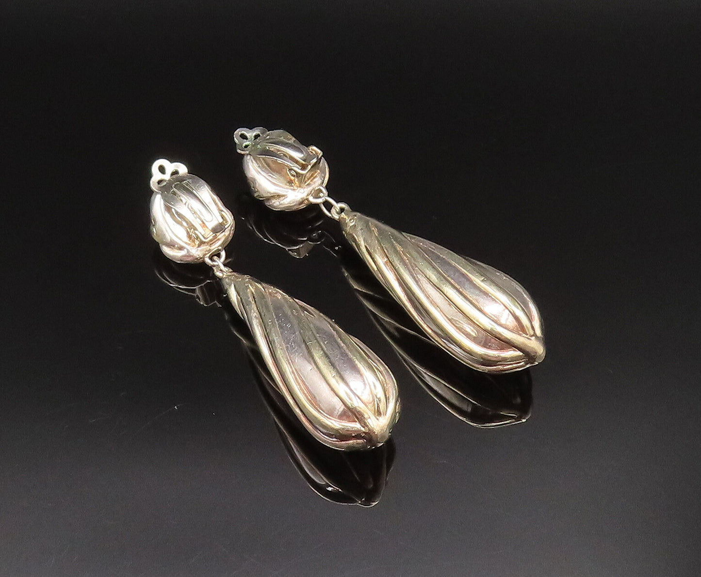925 Sterling Silver Vintage Love Knot Long Ribbed Non Pierced Earrings EG11985
