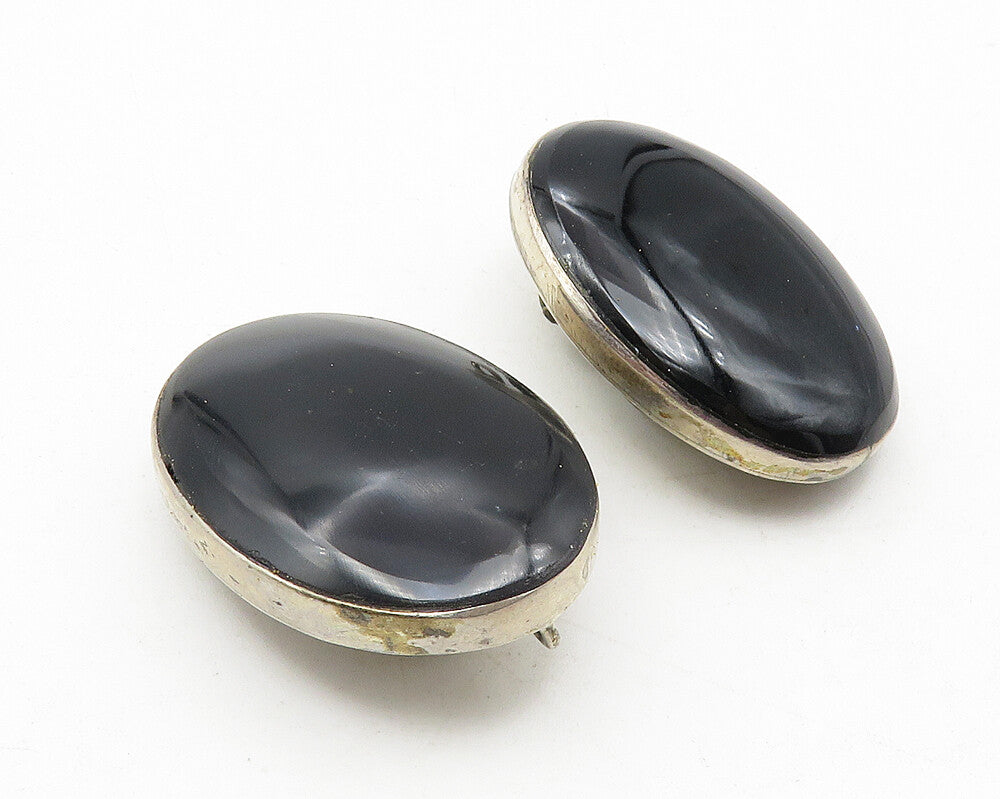 MEXICO 925 Silver  Vintage Cabochon Cut Black Onyx Non Pierce Earrings EG5842
