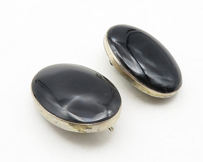 MEXICO 925 Silver  Vintage Cabochon Cut Black Onyx Non Pierce Earrings EG5842
