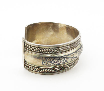 925 Sterling Silver  Vintage Floral Pattern Wide Twist Cuff Bracelet  BT6245
