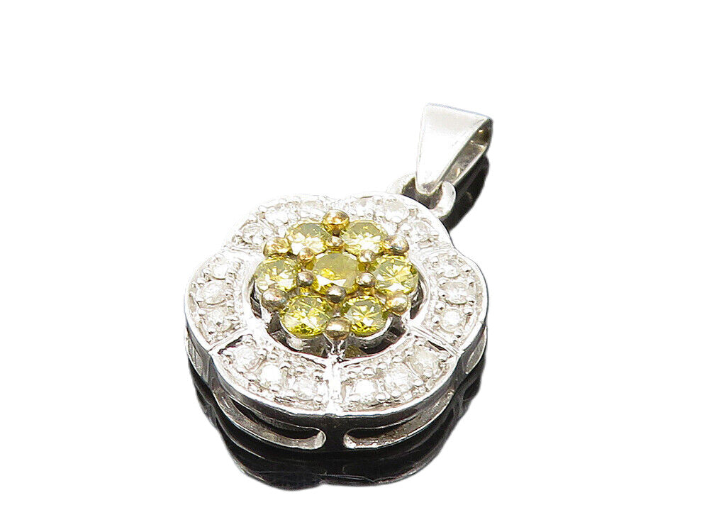 925 Sterling Silver  Genuine White & Yellow Diamonds Floral Pendant  PT8013