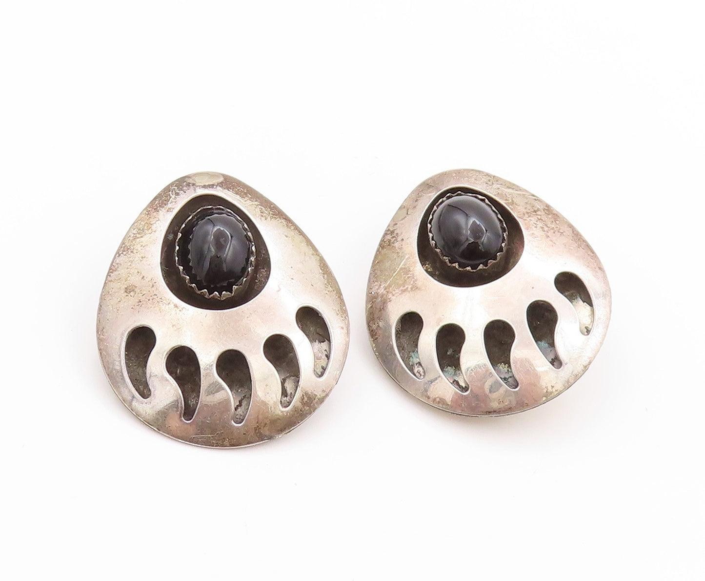925 Sterling Silver Vintage Earrings SOUTHWESTERN Onyx Animal Foot Print EG13574