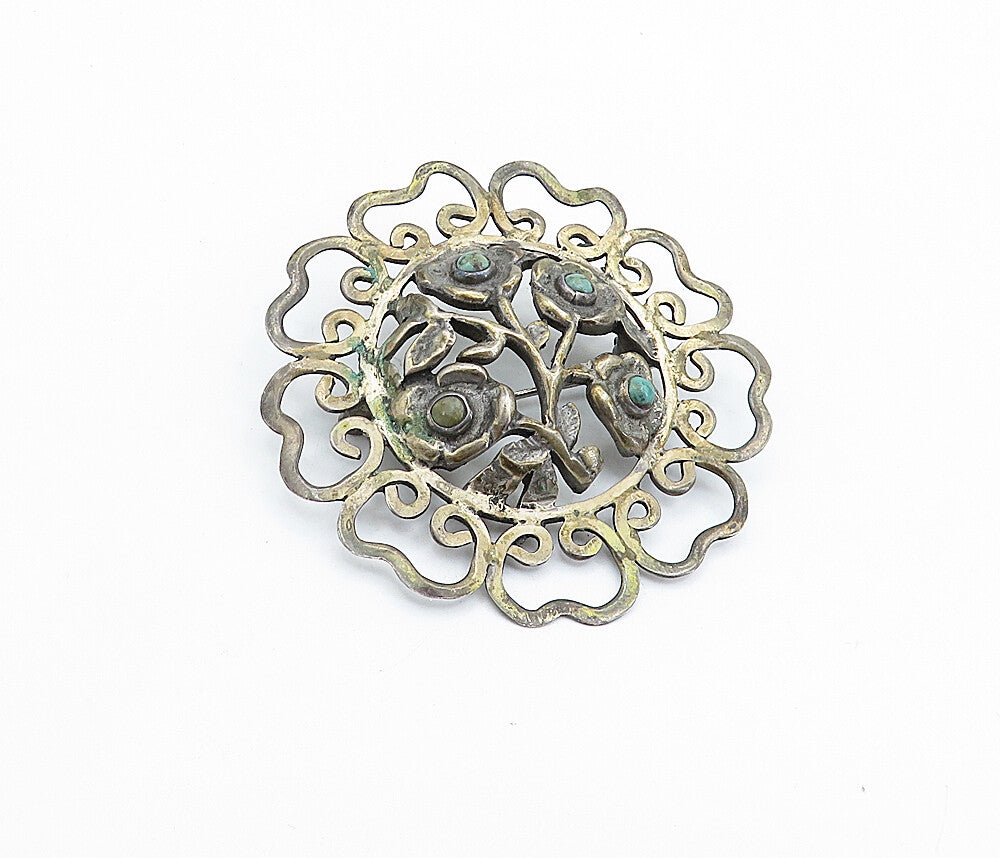MEXICO 925 Silver  Vintage Antique Turquoise Swirl Border Brooch Pin  BP2155